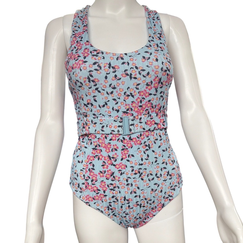 ROXY blue floral belted one piece swimsuit size small pink flowers